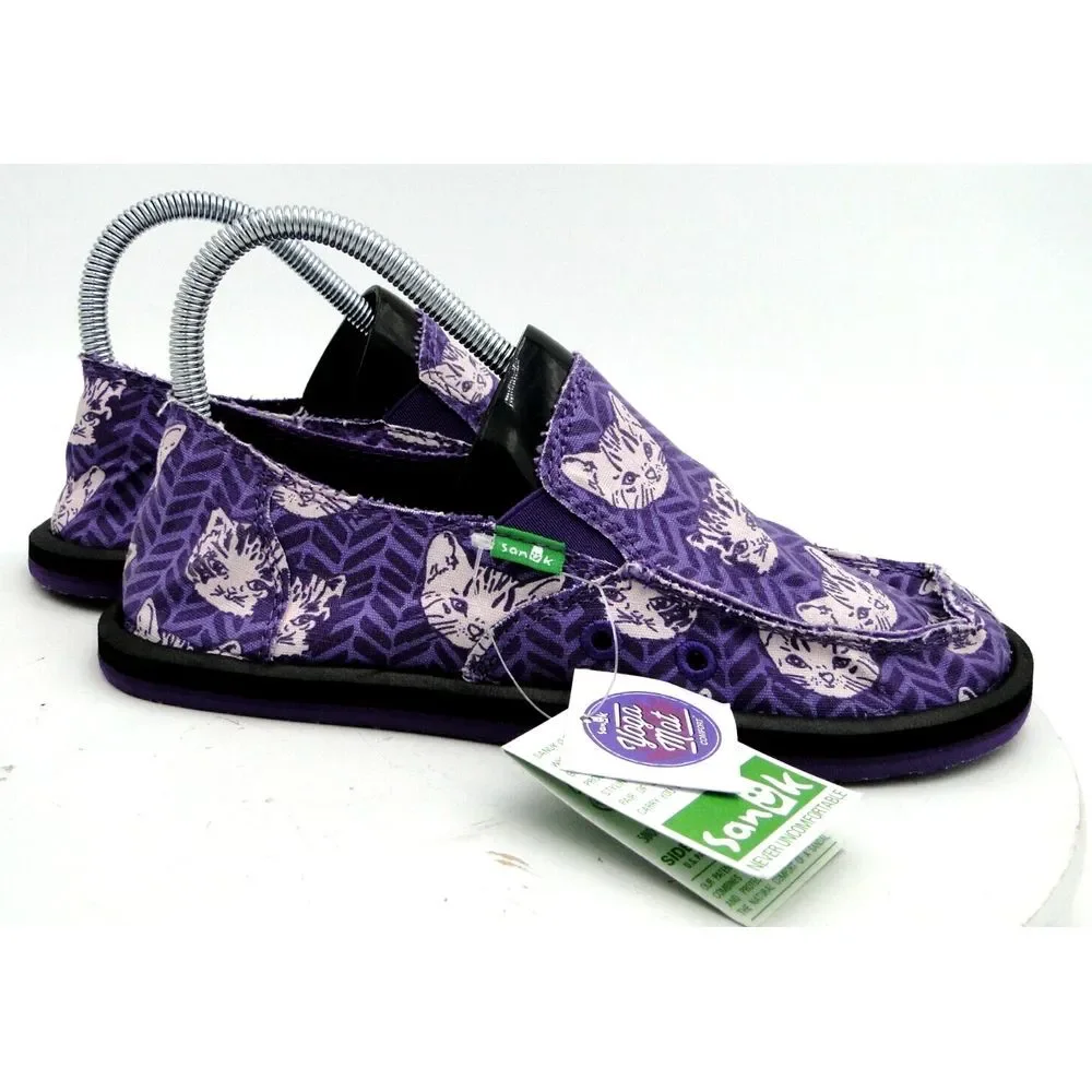 Sanuk Dona Lil Icon Slip On Loafers Shoes Purple Kitty Cat Kids Size Girls 5*NWT